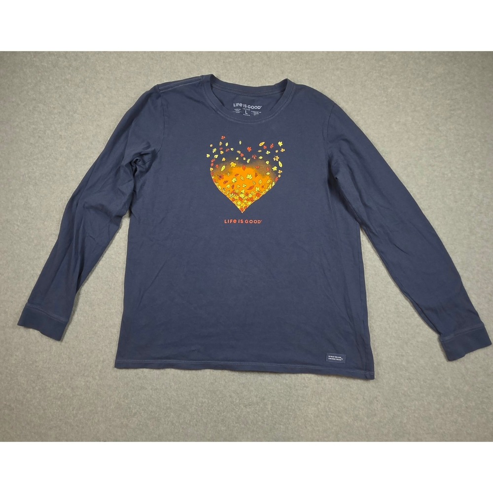 Life is Good Womens Crusher Long Sleeve T-Shirt Navy Blue Fall Leaf Heart Large